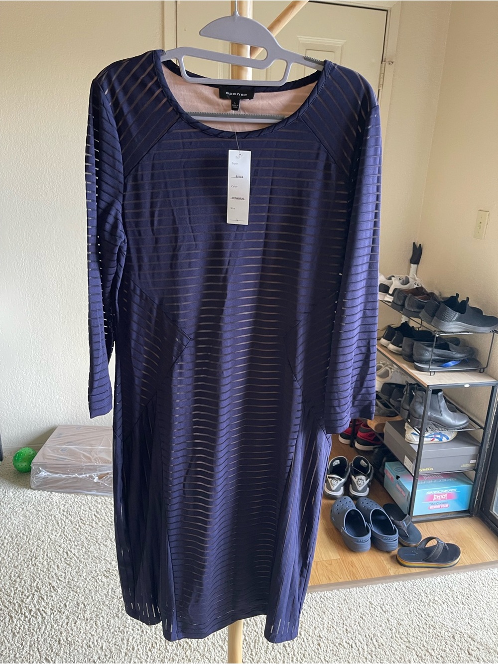Spense Navy Long Sleeve Sheer-Striped Midi Dress